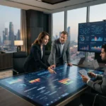 : Business professionals using artificial intelligence tools and analytics solutions in a modern UAE office