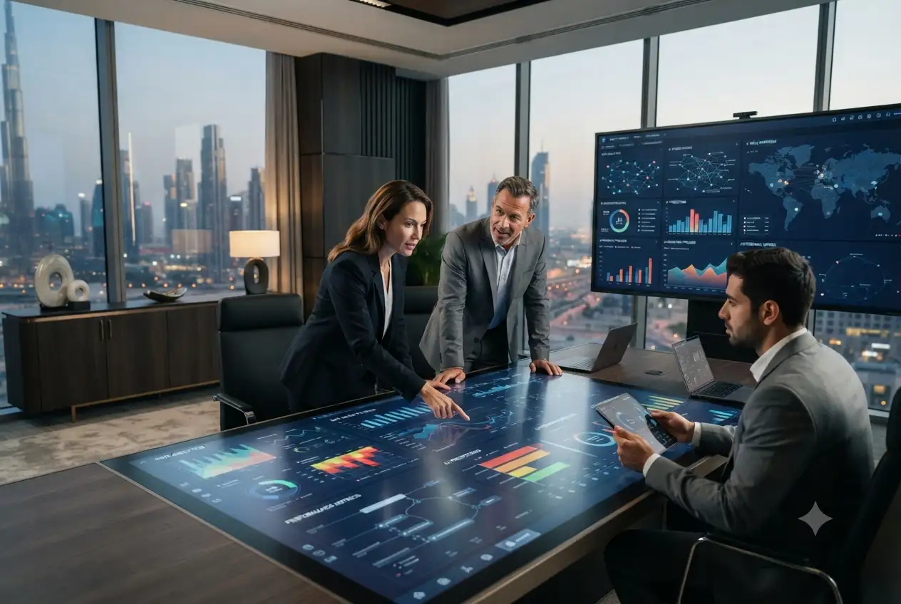 : Business professionals using artificial intelligence tools and analytics solutions in a modern UAE office