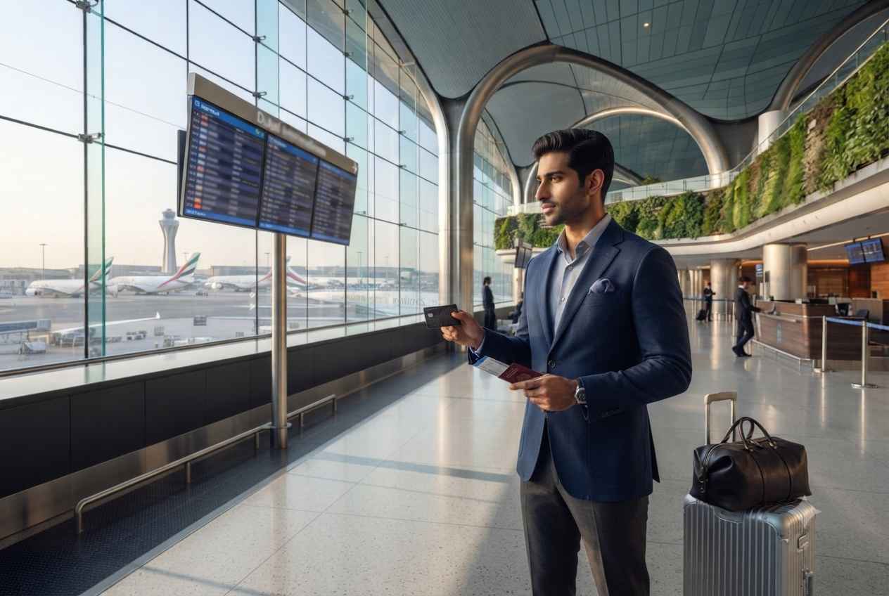 Traveler using an air miles credit card at Dubai International Airport.