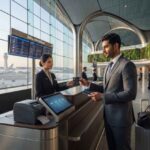 Traveler using a premium credit card during airport check-in in the UAE.