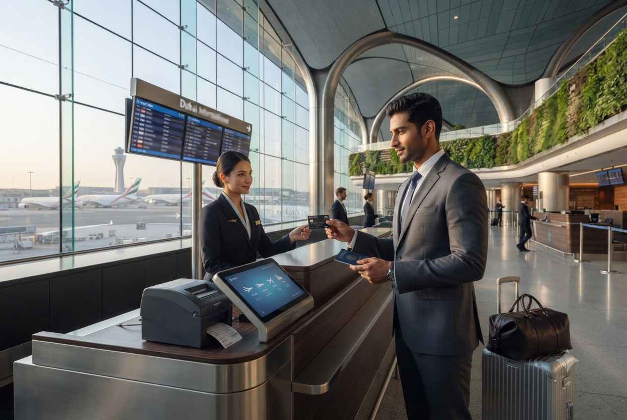 Traveler using a premium credit card during airport check-in in the UAE.