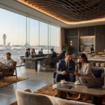 Business travelers relaxing in an airport lounge before an international flight in the UAE.