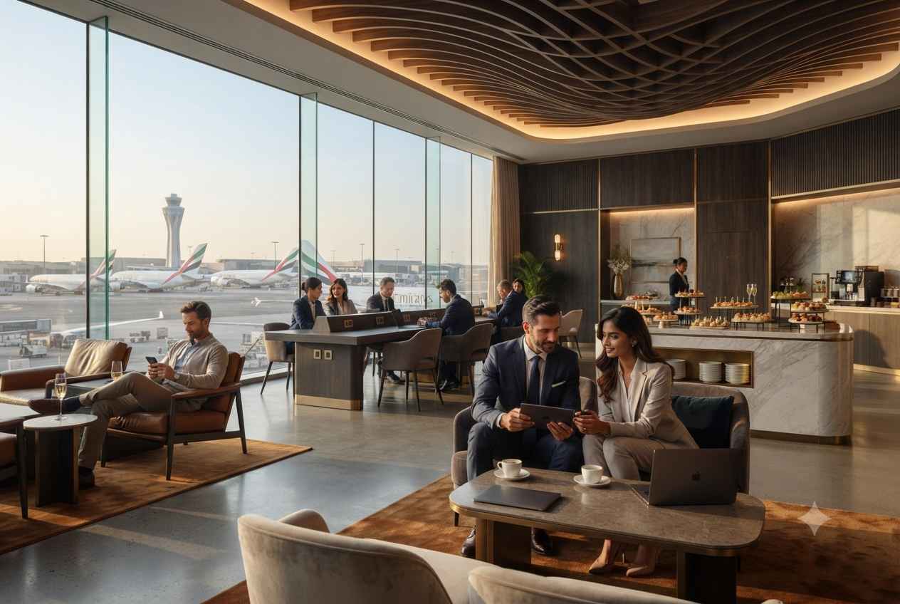 Business travelers relaxing in an airport lounge before an international flight in the UAE.