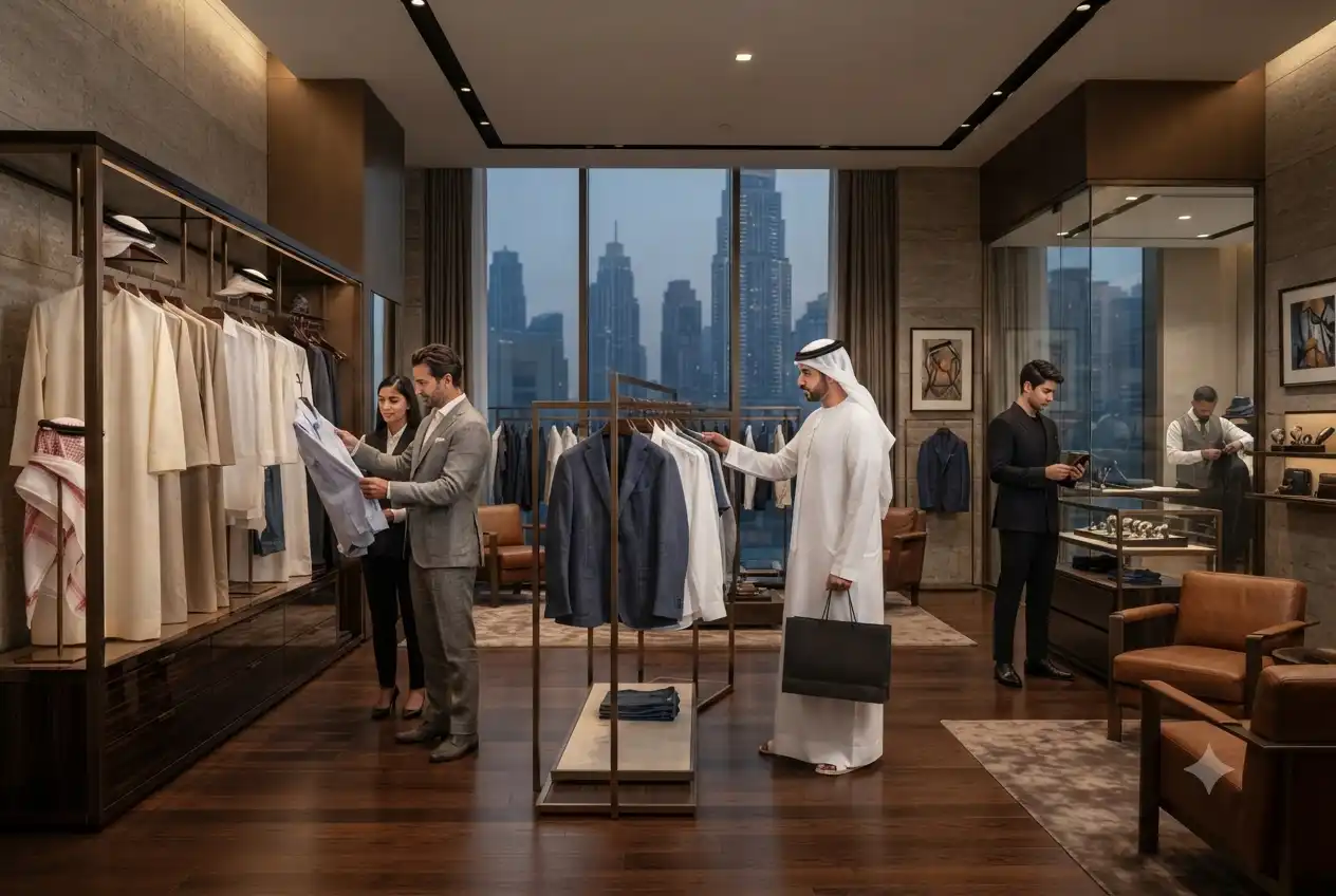 Traditional and modern men's fashion displayed inside a UAE menswear boutiqueTraditional menswear and contemporary fashion continue to shape the UAE men's apparel market.