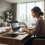 Working professional in the UAE attending an online university class from home