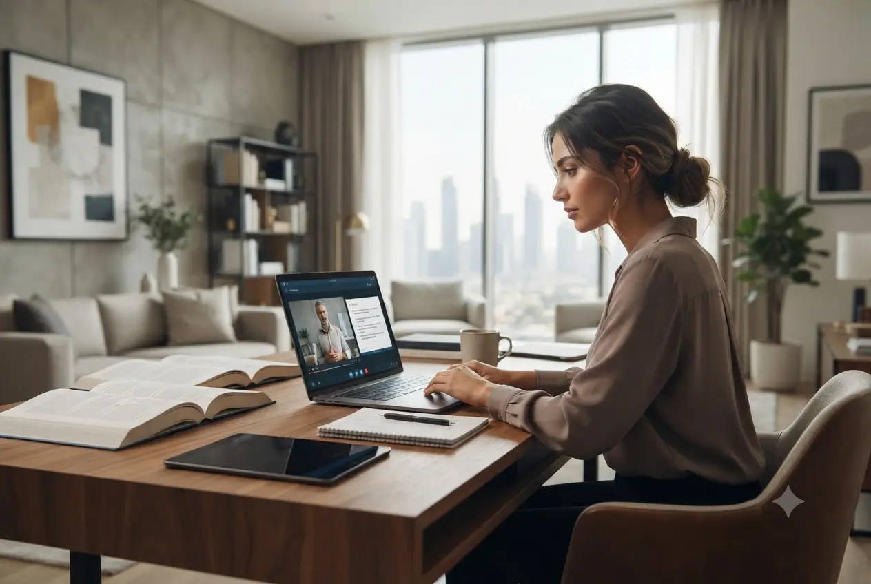 Working professional in the UAE attending an online university class from home