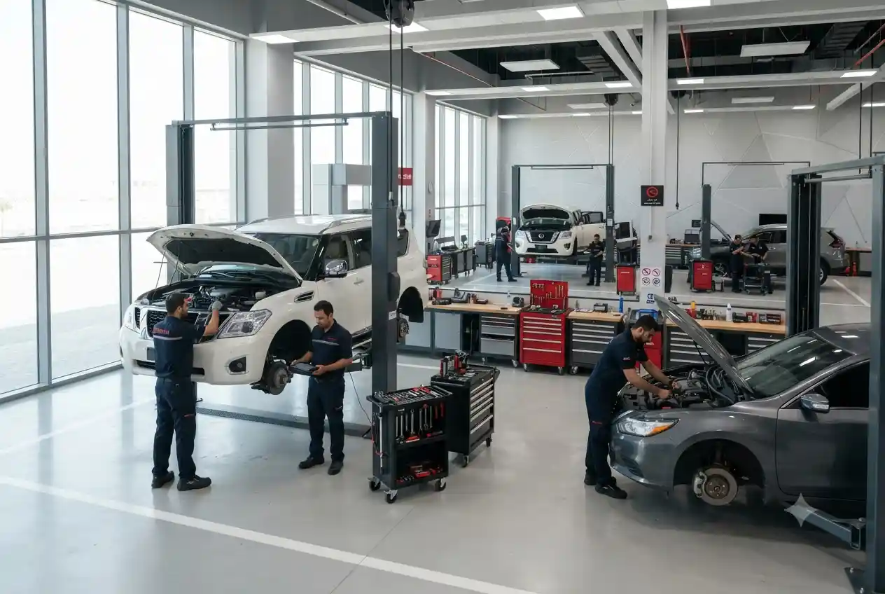Authorized Nissan automobile service centre in the UAE performing professional vehicle maintenance.