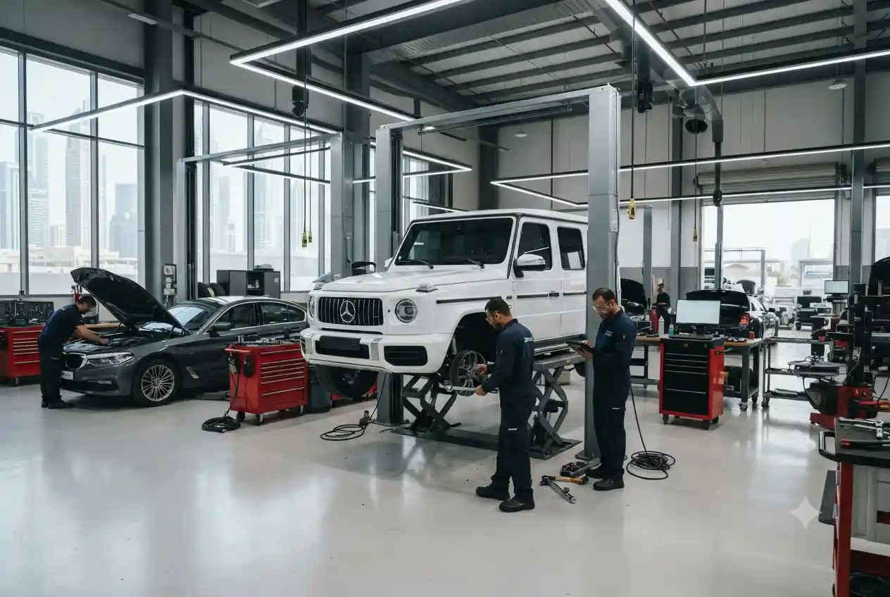 Professional automobile service centre in the UAE performing vehicle maintenance and diagnostics.