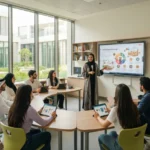 Education student teaching in a modern classroom during practical training