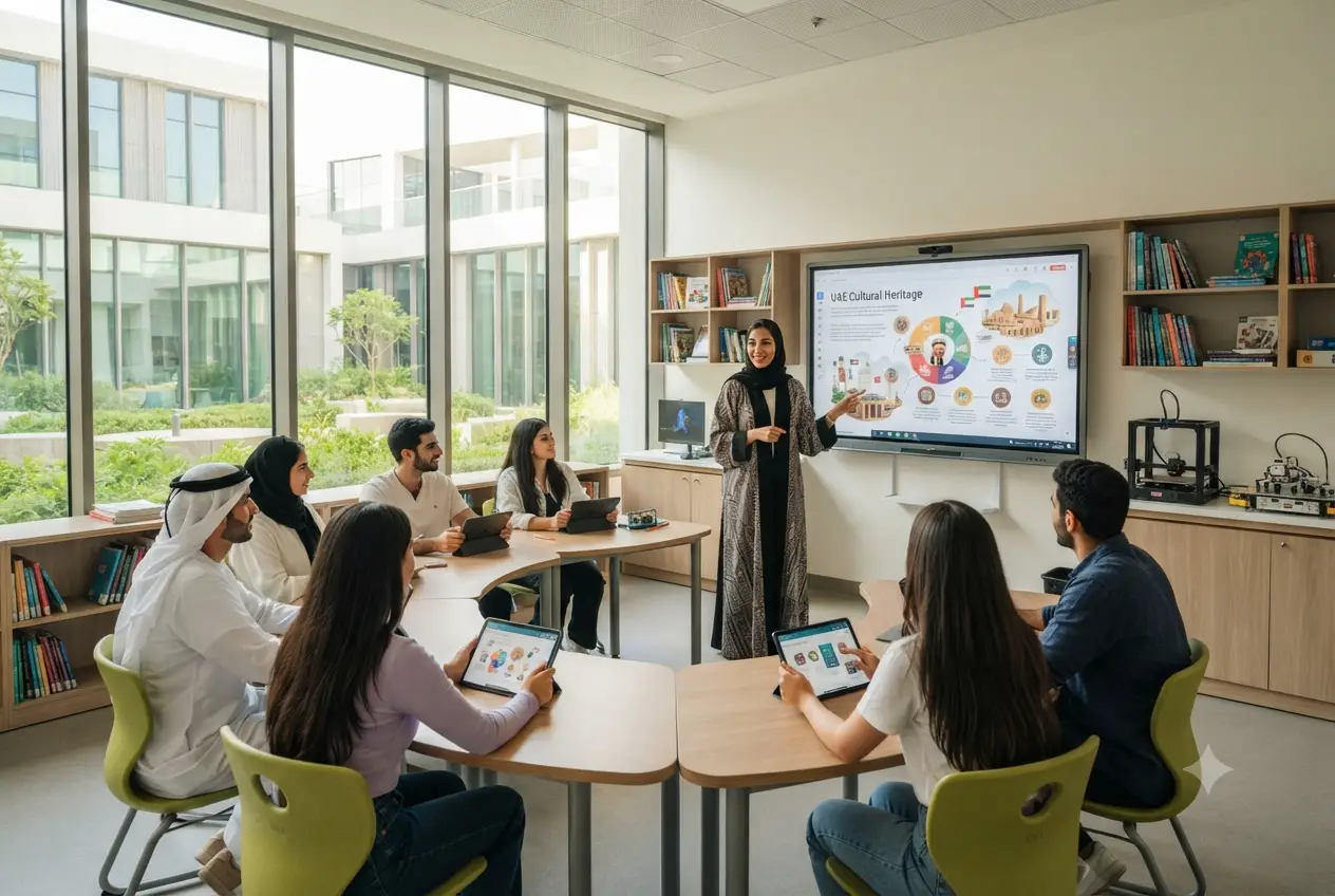 Education student teaching in a modern classroom during practical training