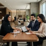 Customers discussing bank account offers with a financial advisor at a UAE bank.