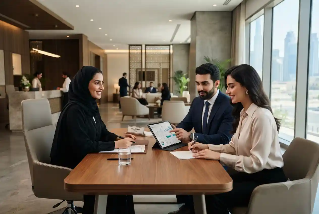 Customers discussing bank account offers with a financial advisor at a UAE bank.