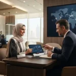 Customer discussing international bank account services with a UAE banking advisor.