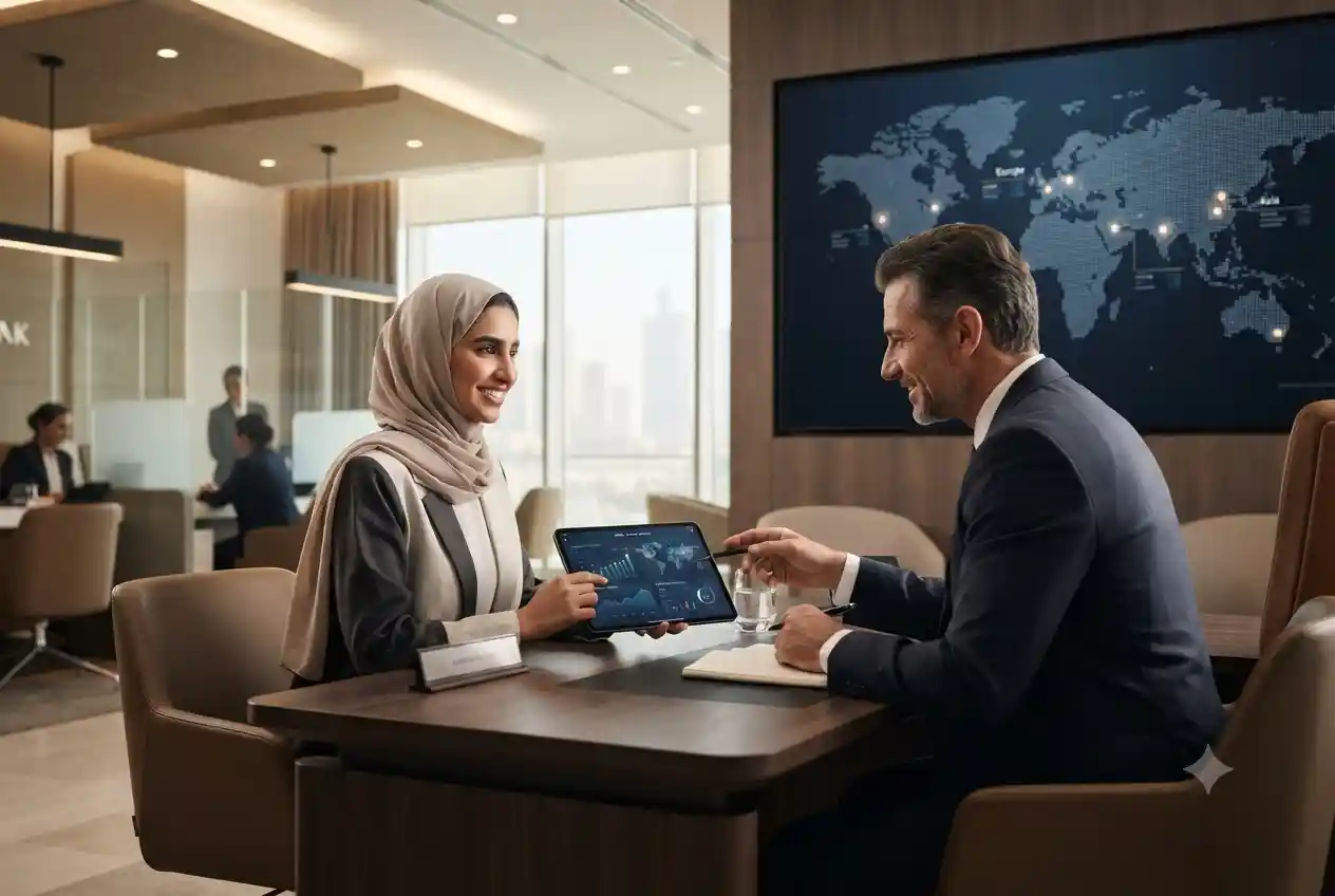 Customer discussing international bank account services with a UAE banking advisor.