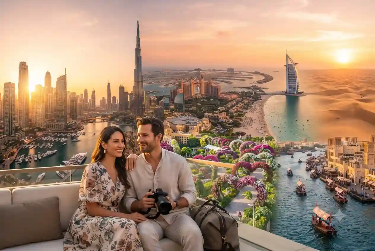 Beautiful places in Dubai featuring Burj Khalifa, Palm Jumeirah, Dubai Marina, and Jumeirah Beach