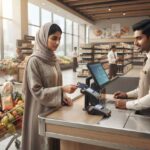 Customer using a cashback credit card while shopping in a UAE supermarket.