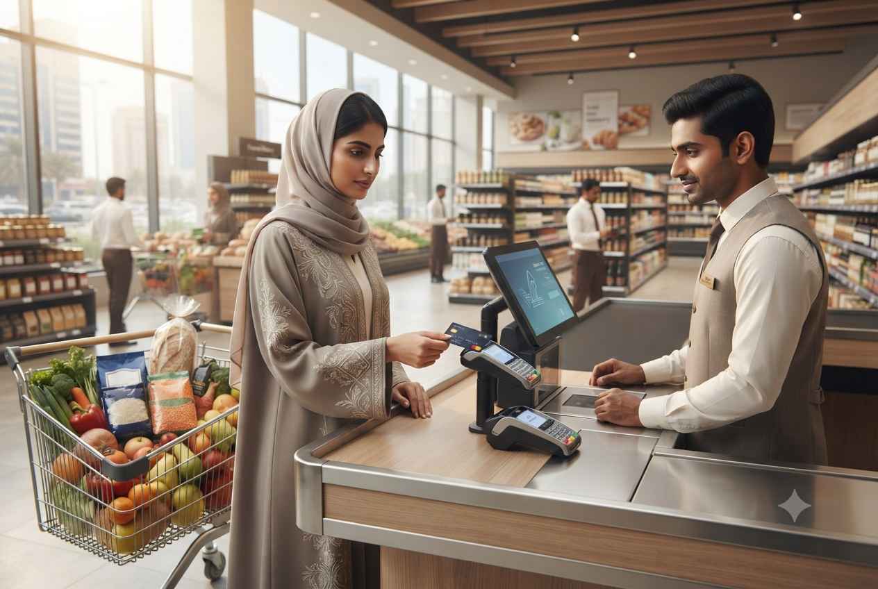 Customer using a cashback credit card while shopping in a UAE supermarket.