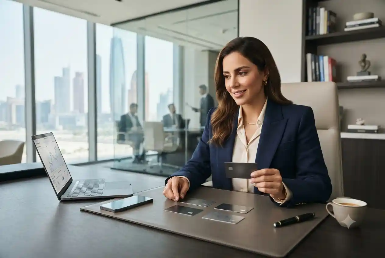 Professional comparing different credit card options in the UAE.