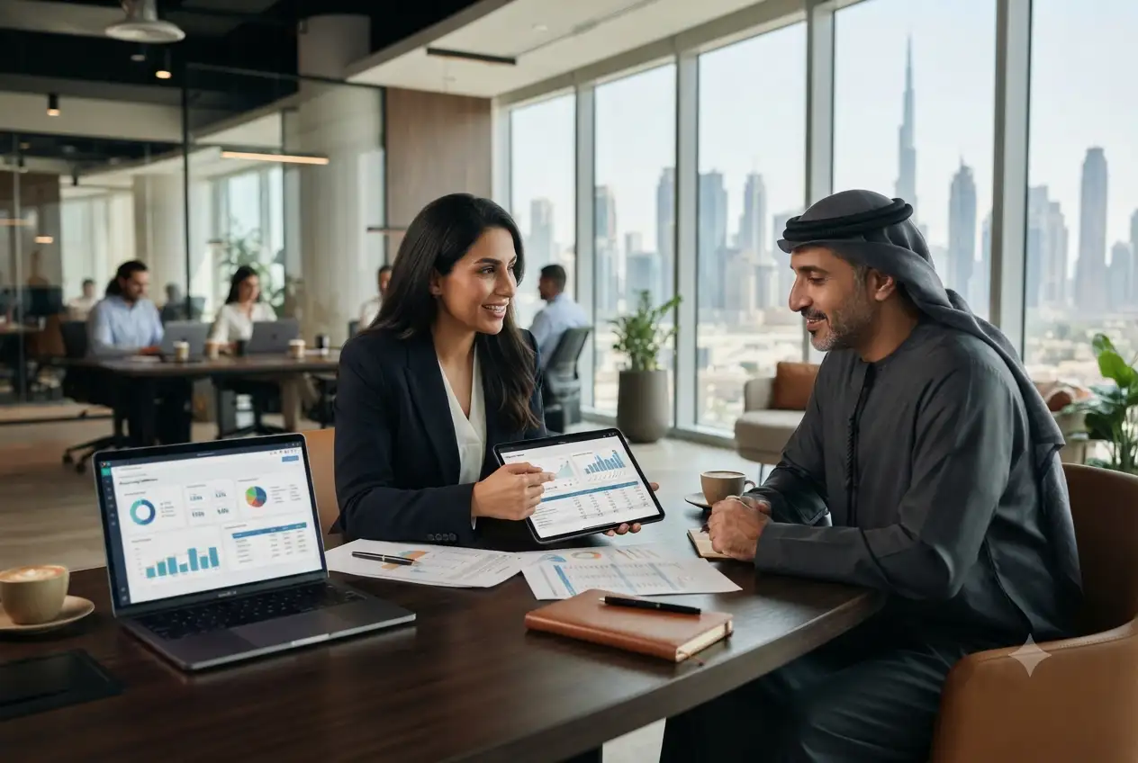 Accountant reviewing financial reports and bookkeeping records with a business owner in the UAE