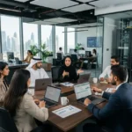 Business professionals collaborating in a modern corporate office environment