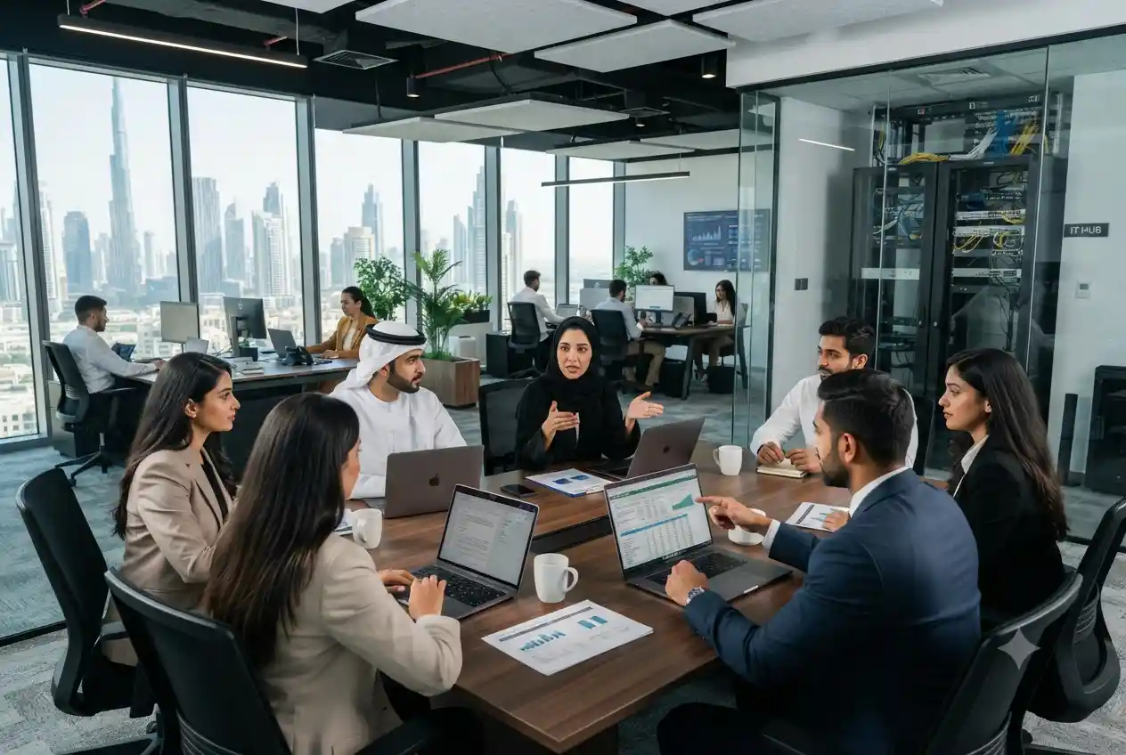 Business professionals collaborating in a modern corporate office environment