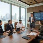 Business advisor discussing strategic planning and growth opportunities with company executives in the UAE