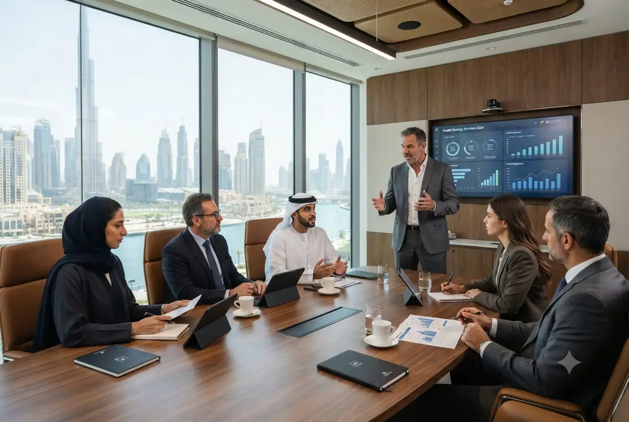 Business advisor discussing strategic planning and growth opportunities with company executives in the UAE