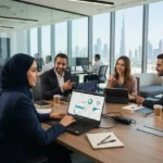 Business analyst reviewing company performance data and strategic reports in a modern office