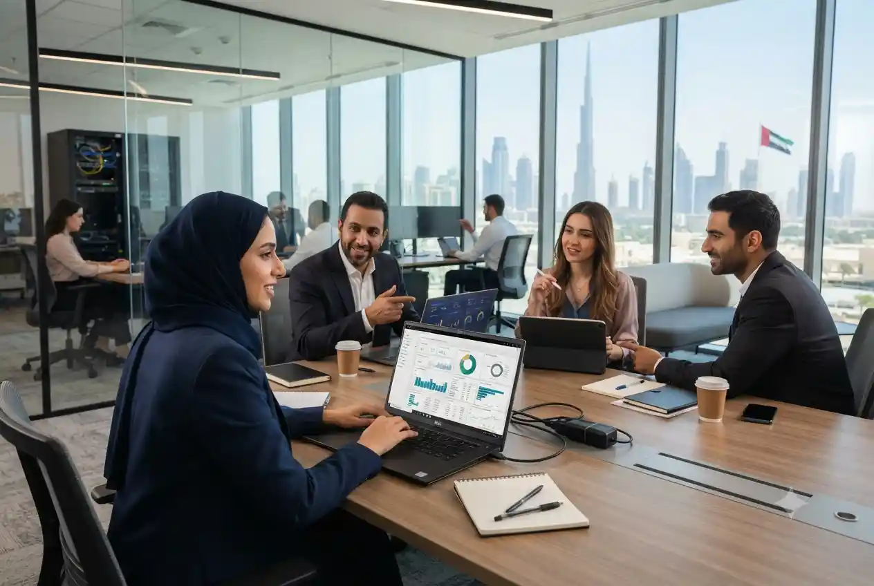 Business analyst reviewing company performance data and strategic reports in a modern office