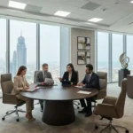 Business attorney discussing contracts and legal strategy with company executives