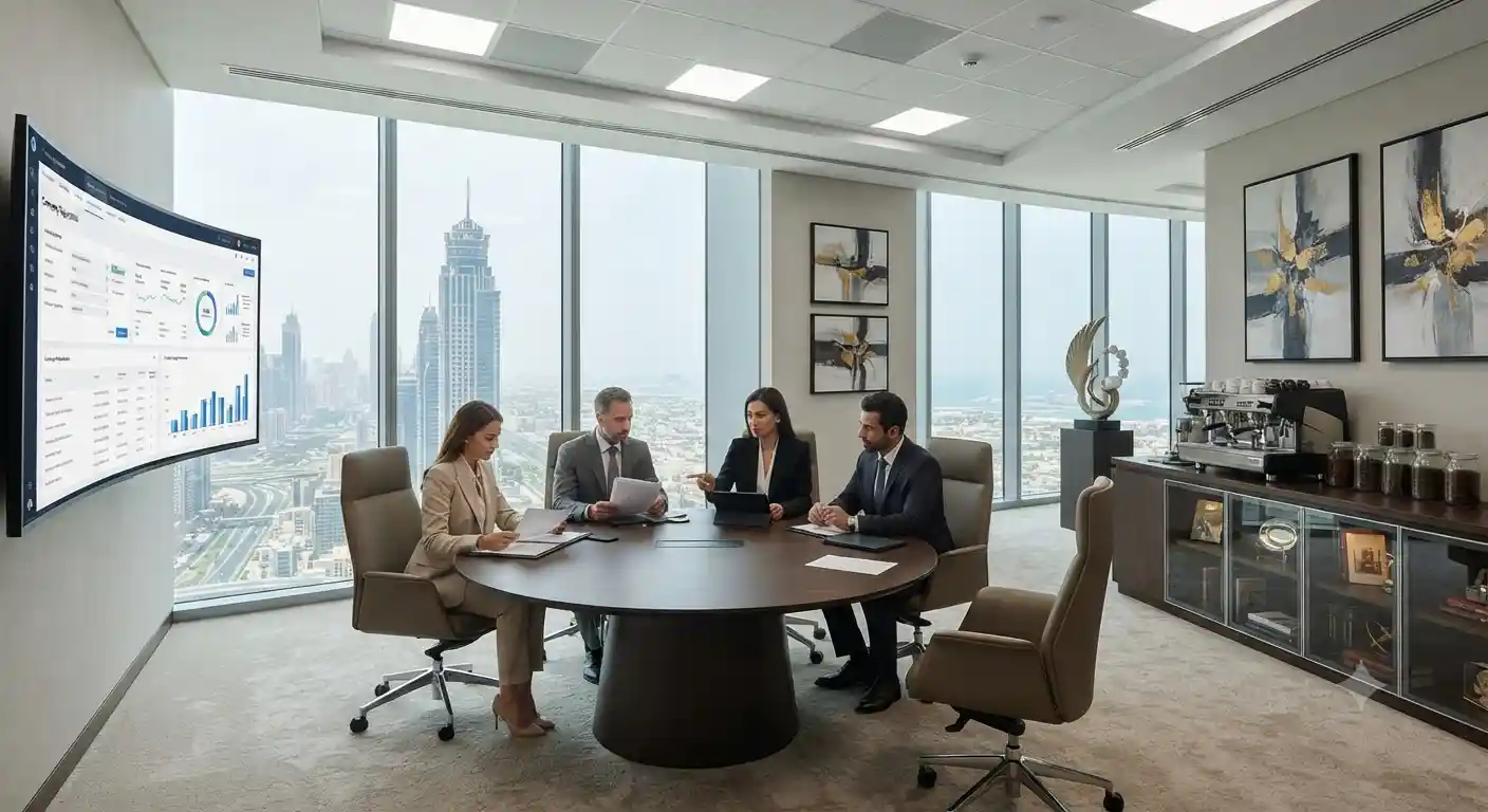 Business attorney discussing contracts and legal strategy with company executives