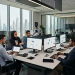 Business professionals using workflow automation and AI-powered systems in a UAE corporate office