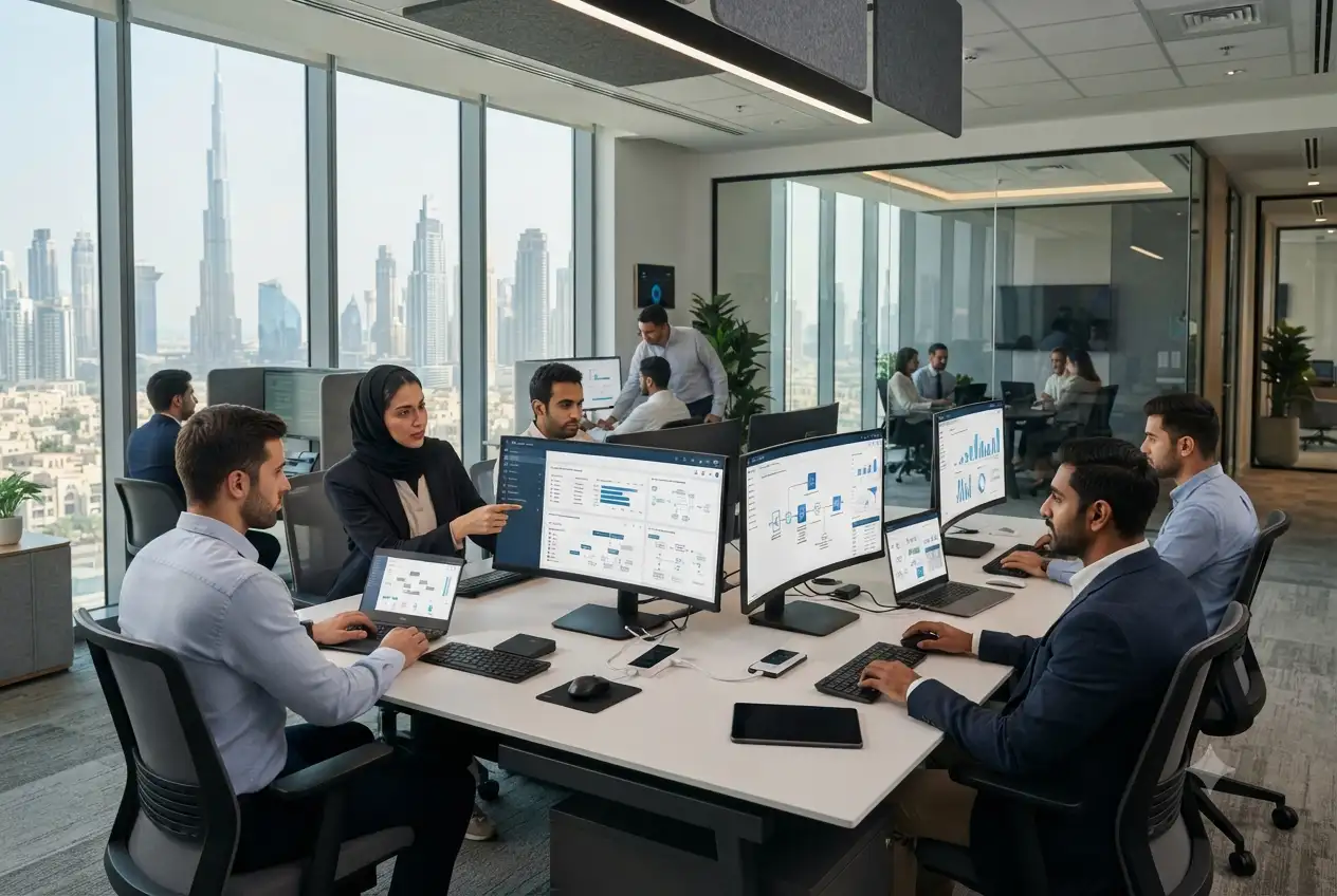 Business professionals using workflow automation and AI-powered systems in a UAE corporate office