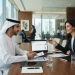 Business owner discussing banking services and business bank account options in the UAE