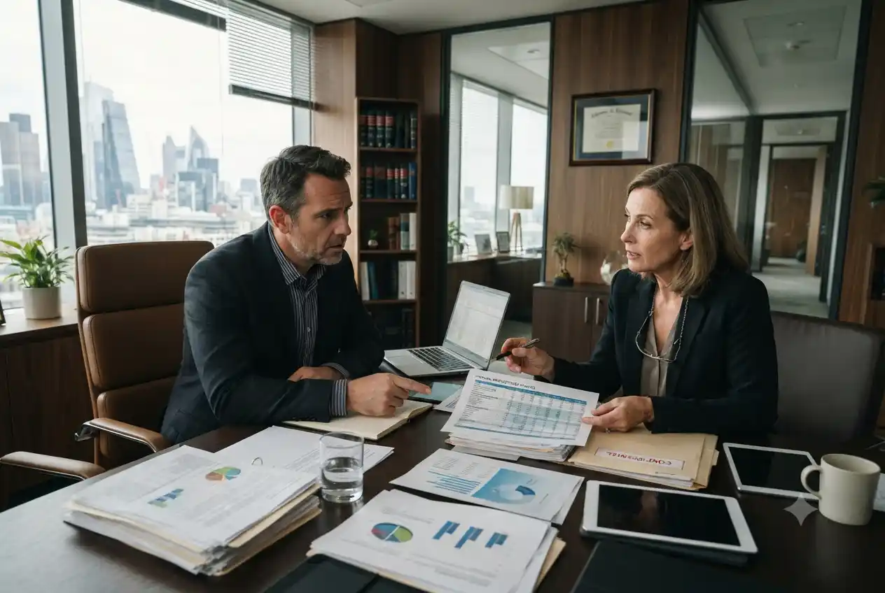 Business owner consulting a bankruptcy attorney about financial restructuring