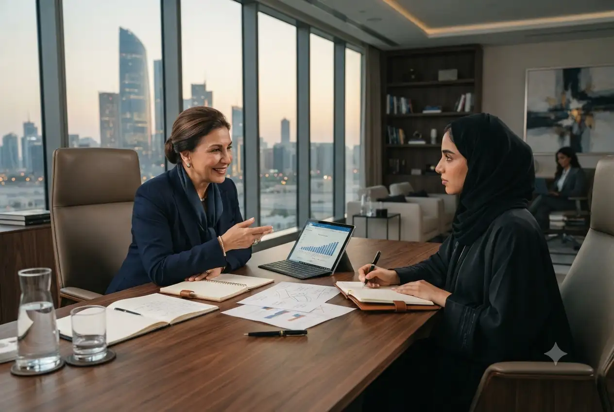 Business coach mentoring an entrepreneur during a leadership development session in the UAE