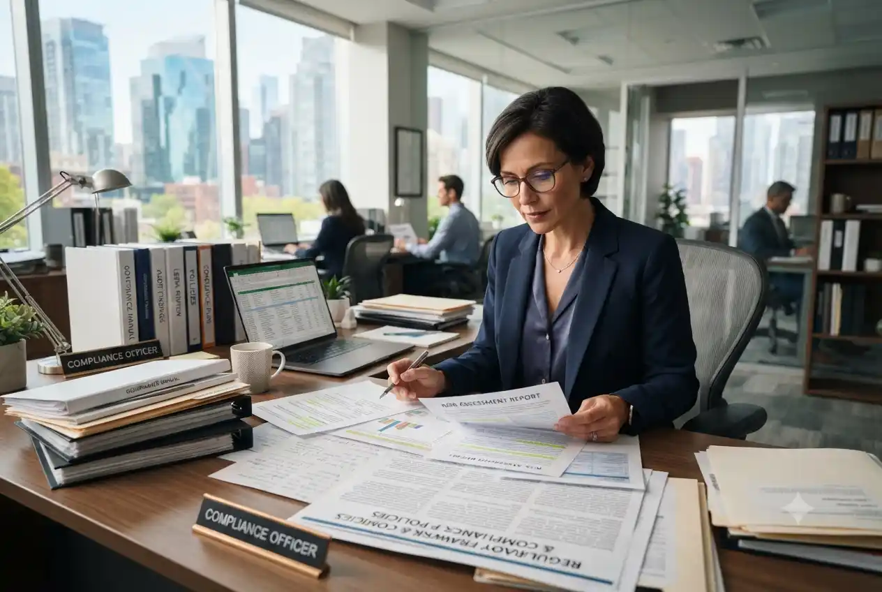 Corporate professional reviewing business compliance and regulatory requirements