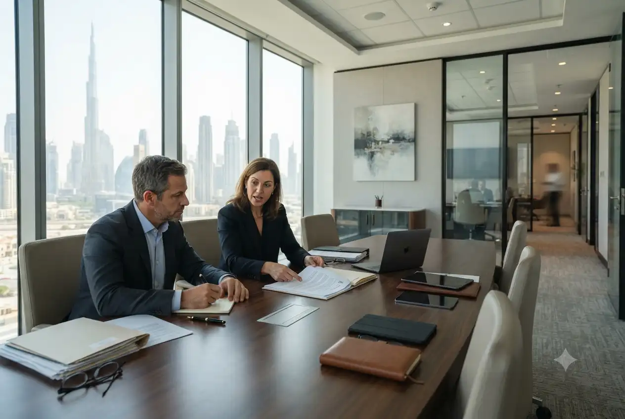 Business contract lawyer reviewing commercial agreements for a UAE company