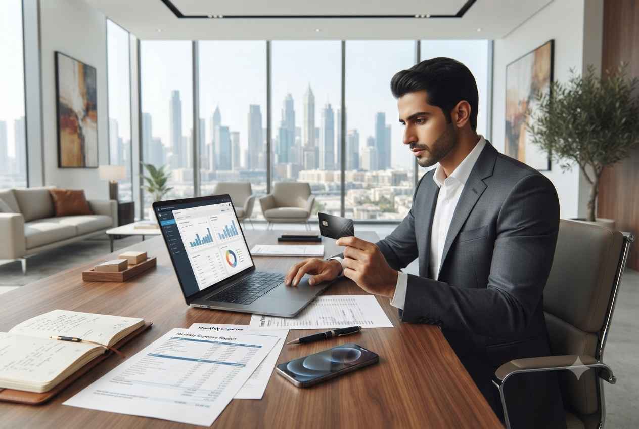 UAE business owner using a business credit card to manage company expenses.
