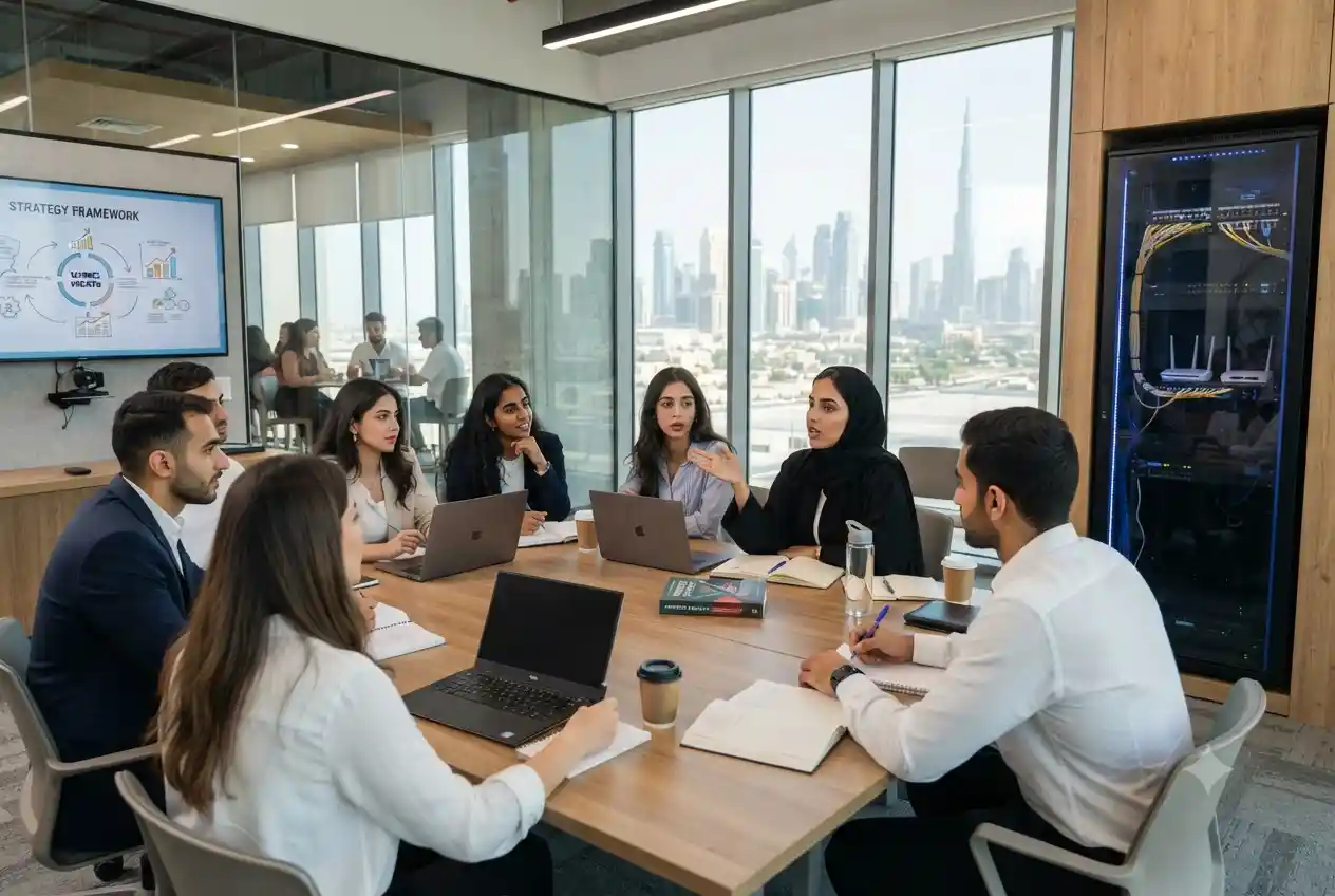 University students studying business administration and management concepts