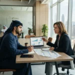Business owner discussing financing options and business loans with a financial advisor in the UAE