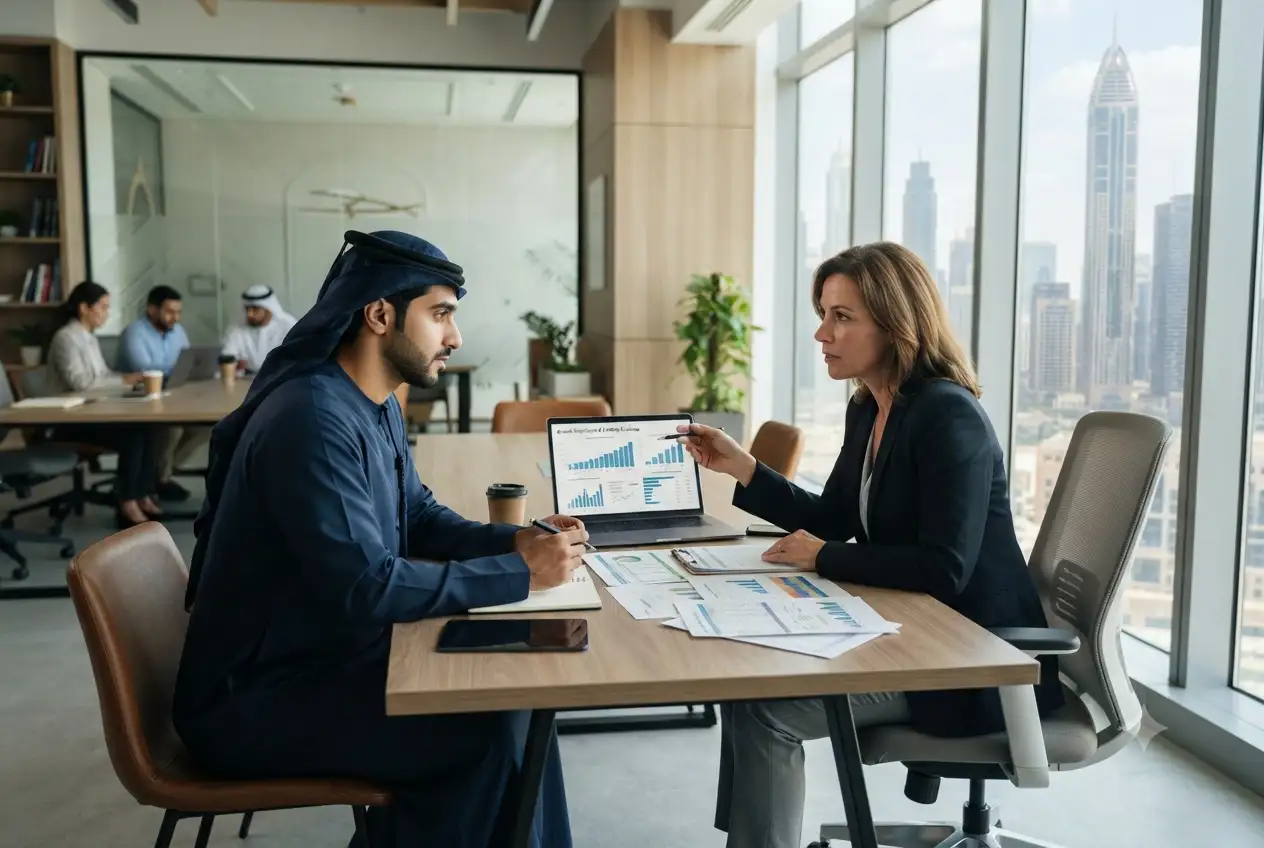 Business owner discussing financing options and business loans with a financial advisor in the UAE