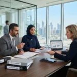 Business owners discussing commercial insurance coverage with an insurance advisor in the UAE