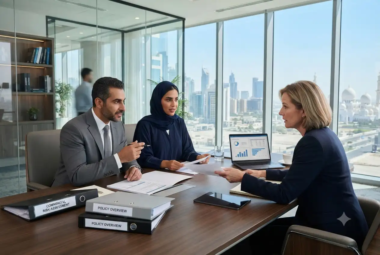 Business owners discussing commercial insurance coverage with an insurance advisor in the UAE