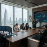 Business intelligence analyst examining data dashboards and performance metrics