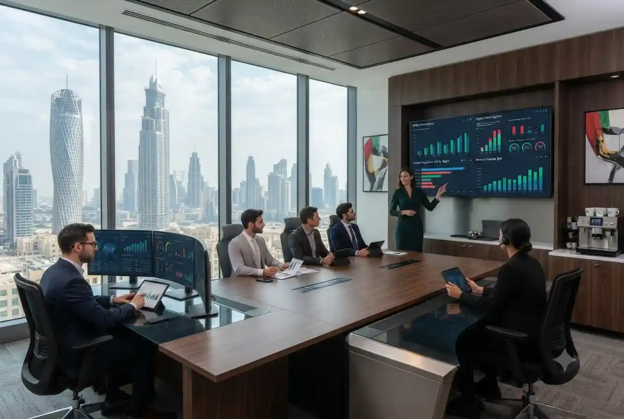 Business intelligence analyst examining data dashboards and performance metrics