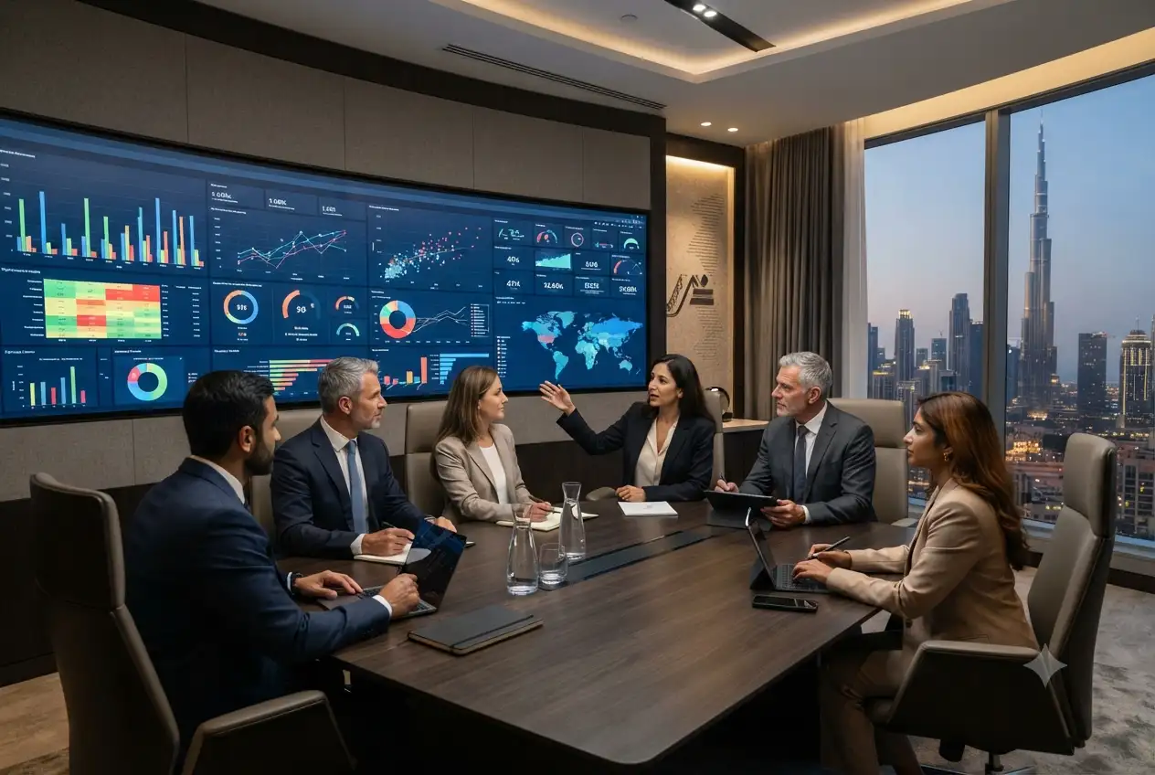 Business professionals reviewing analytics dashboards and business intelligence reports