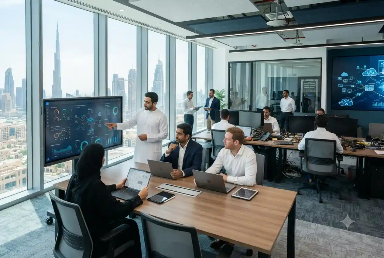 Modern business team using high-speed internet and communication technology in a UAE office