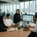 Business interns collaborating with professionals in a corporate office environment