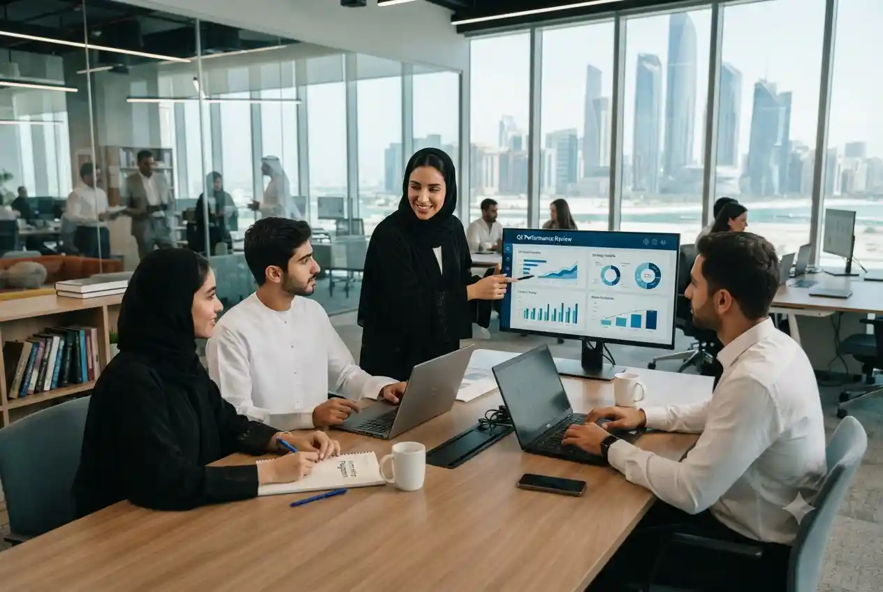 Business interns collaborating with professionals in a corporate office environment